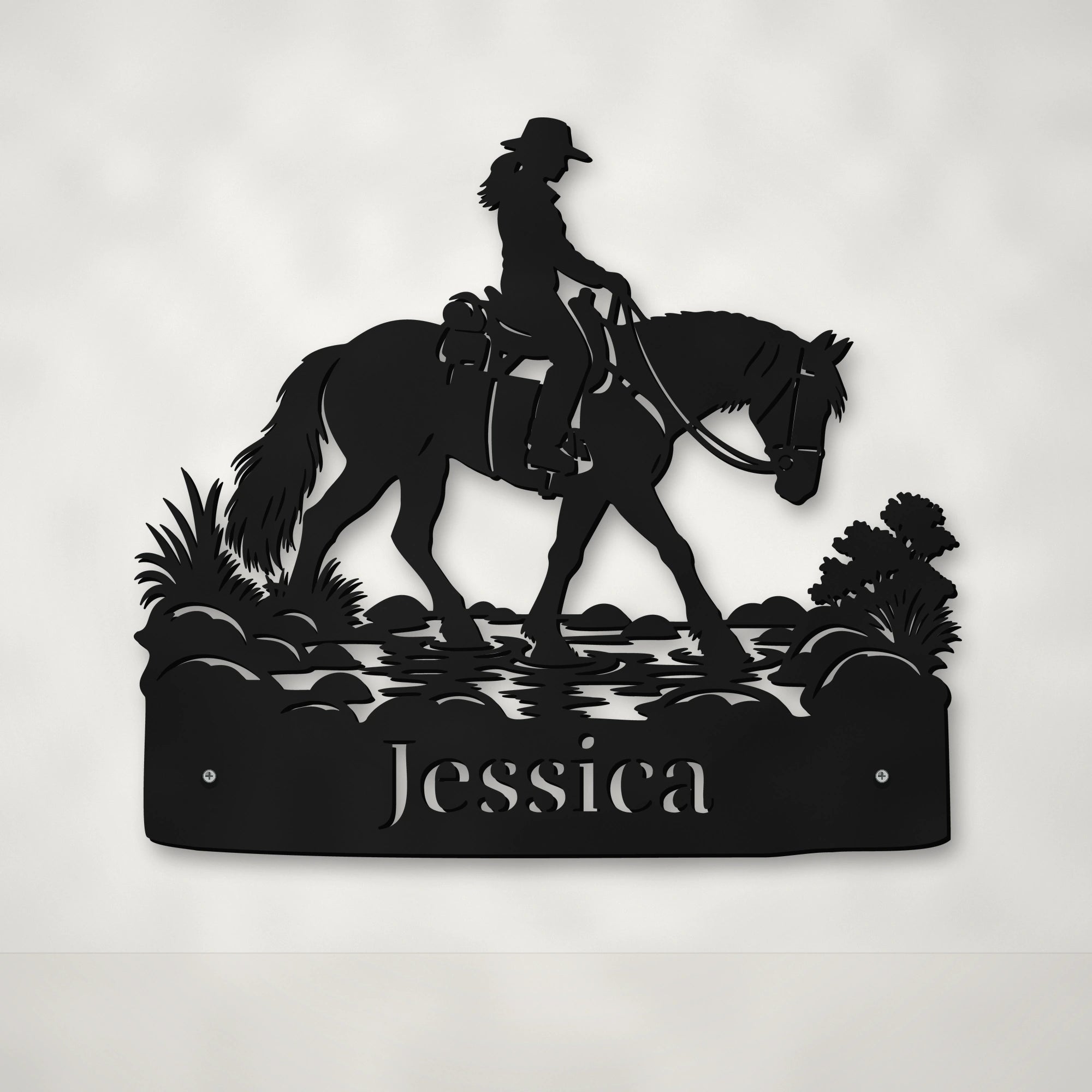 Trekking Rivers personalised horse wall art in matte black powder-coated steel – Huge size